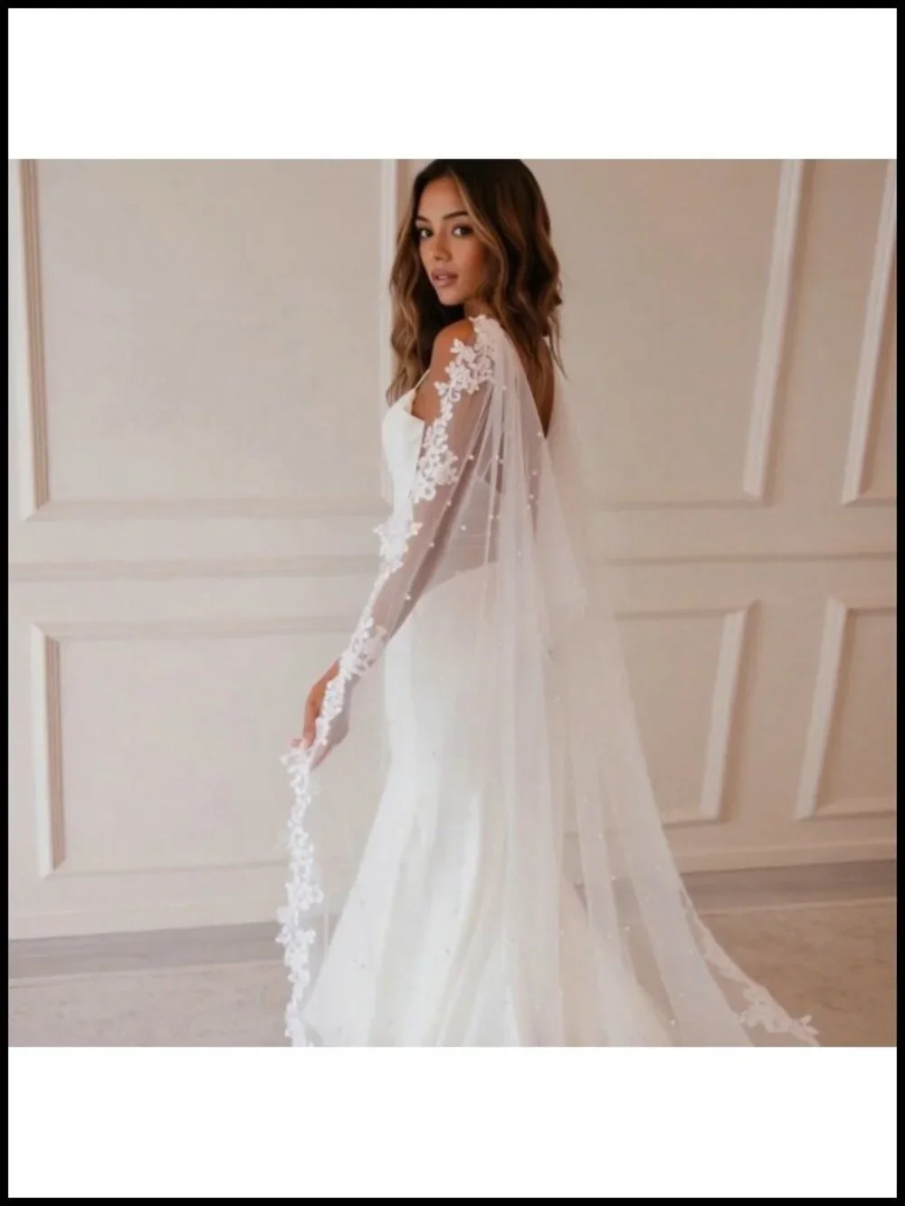 Lace Bridal Cape Pearl Wedding Veil Cathedral Shawl Long Tulle Wrap Evening